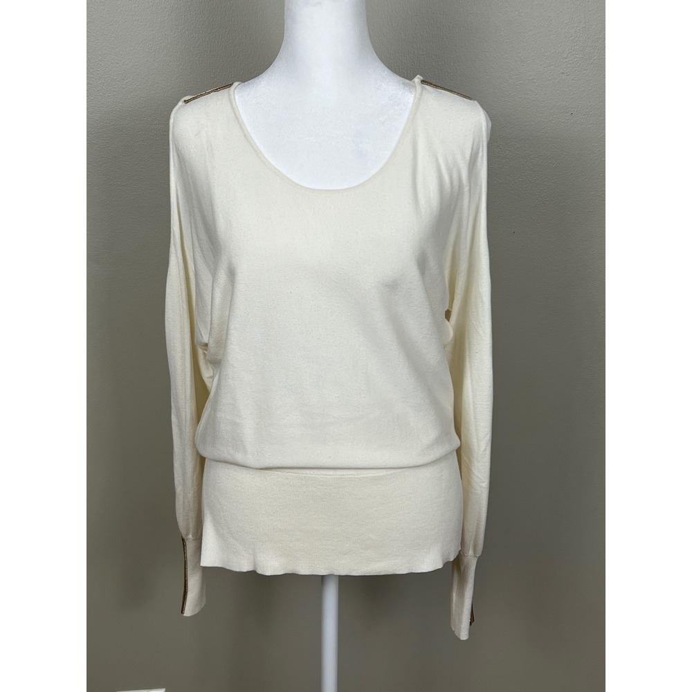 Thalia Sodi Womens Cold Shoulder Sweater Cream Gold Chain Trim XS Off White Top